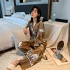 Luxo Lace Up Cinto De Seda Pijama Outono Mulheres Cetim Casa Roupas de Manga Longa Calças Sleepwear com Big Bolso para Ladia Presente