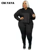 CM.Yaya Active Wmweit Plus Size XL-5XL Zestaw damski z kapturem Tee Topy Spodnie Dopasowanie Zestaw dresu Fitness Dwa 2 sztuka Zestaw Outfit Y0625