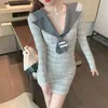 Sexy Mini Party Dress Uniform Tie Lapel V-Neck Cotton Knitted Solid Long Sleeve Elegant D3021 210514