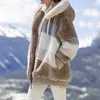 Winter Mulheres Casaco Quente Pelúcia Casual Solto Casaco Com Capuz Moldados Cor Retalhos Outwear Faux Fur Zipper Ladies Parka 210914