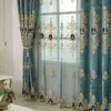 European Style Curtain for Living Room Bedroom Light Luxury Embroidered Chenille Curtain Door Window Drapes Blue Color 211203