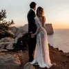 섹시한 환상 Boho 웨딩 드레스 A 라인 V 넥 슬리브 웨딩 드레스 Backless Beach Bridal Gowns Sequined Beading Beach 2021