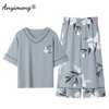 Plus Size Womens Pyjama M-5XL katoenen nachtkleding vrijetijd thuis pakken voor grote dames elegante bloemen afdrukken dames pyjama 210809