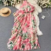 2021 Sommarferie Boho Maxi Dress Women's Off Shoulder Chiffon Floral Print Ruffles Lossa Eleganta Sexiga Långa Kvinnor Y0823