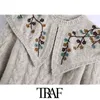 TRAF Maglione lavorato a maglia corto ricamato moda donna Vintage Peter Pan colletto manica lunga femminile pullover chic top 210415