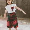 Summer Leaf Print Dräkt Kläder uppsättningar Top + Pant 2pcs Barnens tjej Kid kläder 210528