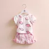 Mädchen Kleidung Set Sommer Baumwolle 2-10T Jahre alt Kinder Mädchen Eis Creme Print T-shirt + Weiß rosa Gestreifte Schleife Shorts 2 Stück Sets 210529