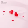 Moda 925 Sterling Prata Esmalte Vermelho Vermelho Love Hearts Brincos para Mulheres Menina Adorável Mini Ear Pin Fine Jewelry 210707