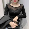 Spring Black T shirt Mesh Patchwork Transparent Tops Women Long Sleeve Diamonds Slim Female Tee Shirt T02603B 210421