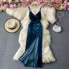 Gaganight vintage sling tube top v-hals solide vestidos sexy elegante slanke kant split jurken midden-kalf mouwloze dame feestjes 210519