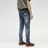 American Street Style Fashion Men Jeans Retro Blå Elastisk Slim Fit Biker Spliced ​​Designer Hip Hop Denim Pencil Byxor