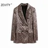 Women Vintage Totem Flower Print Chic Business Blazer Office Ladies Double Breasted Casual Outwear Velvet Suit Tops CT599 210420