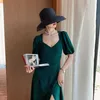Summer Elegant Green Dres French Vintage Backless Midi Split Office Lady Korean Style 210604