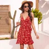 Women V-neck Spaghetti Strap floral Printed Ruched Cami Dress Bodycon Sexy Party sexy A-line loose pleated mini dresses 210524