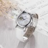 women Automatic Mechanical watch Luxury watches white Flowers dial Hollow Ladies Rhinestone Leather strap sports Costume wristwatch