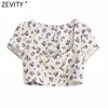 Women Vintage Square Collar Floral Print Short Shirt Double Breasted Casual Linen Blouses Lady Roupas Femininas Crop Tops LS9182 210416