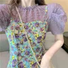 Kobiety Violet O-Neck Top Mini Strat Sukienka Dwa Kawałki Zestaw Lato Kwiatowy Drukuj Zielony T0430 210514
