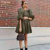 Clacive Elegante mini abito verde con scollo a O Donna Casual Lanterna Manica corta Abito da ufficio Donna A-Line Abiti gotici chic increspati X0521