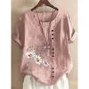 Chemisier en lin grande taille chemise femmes mode hauts et chemisiers à fleurs été Vintage col rond ample Blusas 5XL chemises pour femmes