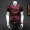 Men's T-Shirt Silk Cotton Short Sleeve Round Collar Self-Cultivation Youth Bee Embroidery Striped 210707