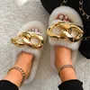 Pelzige Rutschen, flauschige Flip-Flops, große Goldkette, Plüsch-Hausschuhe, flache Sandalen, Luxus-Faux-Pelz-Hausschuhe, Damenmode, Pelzschuhe H0914