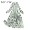 Chiffon Polka Dot Dress For Women Bow Collar Long Sleeve High Waist Pleated Elegant Maxi Dresses Female Spring 210520