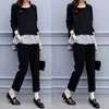 Black Two Piece Set Women Striped Splicing Long Sleeve Tops And Harem Pants Sets Casual Office Korean Ladies Suits 210930