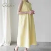Letnie kobiety długie zbiornik żółty zwykły bez rękawów Maxi Hemp Lniana Sukienka 210415