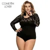 Comeonlover lace up bodysuit floral zie door sexy vrouwen rompertjes plus size body top lange mouwen slanke mesh bodysuit er80372 210720