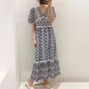 Women Blue High Waist Hook Flower Hollow robe Dress V-Neck Short Puff Sleeve Loose Fashion Summer 2F0317 210510