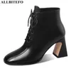 ALLBITFO STORLEK 34-41 CROSS LACE SOFT EREAL Äkta läder Kvinnor Stövlar Kvinnor Heels Fashion Women's Ankel Boots Motocycle Boots 210611