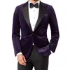 2 pièces velours bal hommes costumes mâle mode costume violet dîner blazer avec pantalon noir 2021 smoking de mariage pour les garçons d'honneur x0909