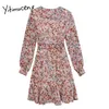 Yitimuceng старинные цветочные пинты пищевые дерево грибки высокие талии платья женщины A-Line V-образным вырезом пружины французское модное платье 210601