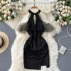 Шикарные блестки сетки пэчворк с плеча с коротким рукавом мини Bodycon платье женщины летние сексуальные тонкие вечеринки Vestidos 210603