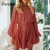 Vintage Lanterne Robe à manches longues Femmes Automne Hiver Court Casual Sash Volant A-Line Vestidos 210427