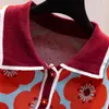 Летний старинный контрастный цветок жаккардовый слойный рукав вязаный свитер женщины шикарный кнопка тонкий пуловер урожая верхний толчок FEMME 210514