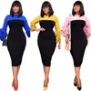 Kvinnor Elegant Office Lady Patchwork Dress Puff Långärmad Bodycon Elastisk Afrikansk Kvinna Fashion Vestidos Vår Stor Storlek 210416