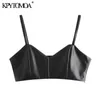 KPYTOMOA Women Sexy Fashion Faux Leather Cropped Tank Top Vintage Backless Side Zipper Thin Straps Female Camis Chic Tops 210616