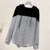 Autumn Hooded Striped Stitching Shirt Female Korean Style Loose Hoodies Women Drawstring Tops Sweatshirts Plus Size 11943 210729