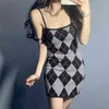 Argyle Printed Knit Short Summer Strap Dress Women Vintage Plaid Y2k Party Dresses Sleeveless Bodycon Casual Sexy Sundresses 210415