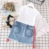 fashion kids roses t-shirt and embroidery ripped jeans skirt 2pcs clothes set little girls 2-6Yrs white cotton tees outfit 210529