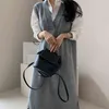 2021 New Autumn Sleeveless Long Knitted Dresses V-Neck Warm Soft Wool Sweater Female Fall Winter Knitwear Women Clothing Gray G1214