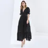 TWOTWINSTYLE Hollow Out Lace Up Bowknot Dress For Women V Neck Short Sleeve High Waist Elegant Dresses Female Fashion 210517