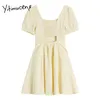 Yitimuceng Plaid Dresses Women Summer Hollow Out High Waist Puff Sleeve A-Line Yellow Black Korean Fashion Sweet Dress 210601