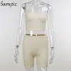 Samique tricoté Summer Women Casual Tracksuit Shorts Skinny Set Lounge Wear Strap Sport Tops et Mini Briker Shorts Two Piel Set Y0702