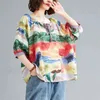 여름 예술 스타일 여성 짧은 소매 느슨한 티셔츠 빈티지 인쇄 O 넥 목화 린넨 티셔츠 Femme 탑스 큰 크기 M604 210512