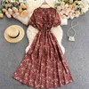 Korean Vintage Floral Print Party Long Dress Women V-neck Puf Sleeve Beach Holiday Midi Dresses Chic Sweet Robe Femme 210519