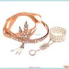 Jewelryfashion Luxury Designer Vintage Diamond Leaves Tassel Crown Satin Wedding Bridal Headband Hair Jewelry Pearl Charm Bracelets Set Drop