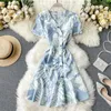 Women Tropical Print Holiday Dresses Ins Sexy V Neck Short Sleeve Irregular Breasted Slim Ruffle Vestidos L105 210527