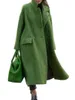 Women's Wool Blends 2022 Autumn Winter Long Woolen Coat Solid Color Temperament Pendlar Bältlöst lapel Löst passande gröna kläder